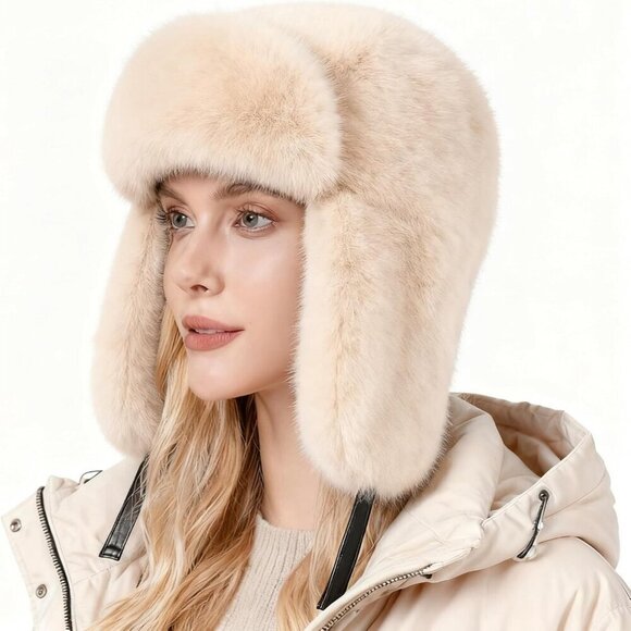 Unisex Beige Trapper Hat with Ear Flaps Winter Russian Style Windproof main image 6